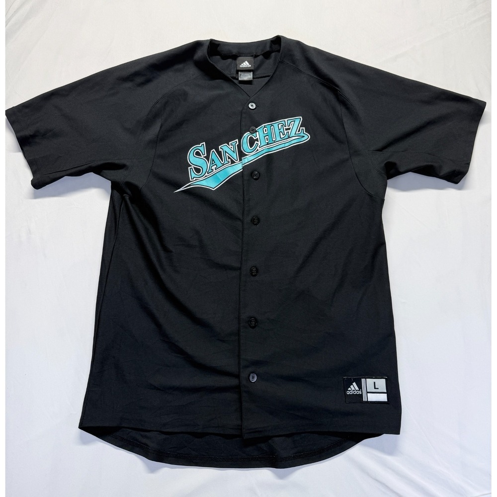 Adidas Baseball Jersey Mens L Black Graphic Sanchez Button Front Almonte Tax #10